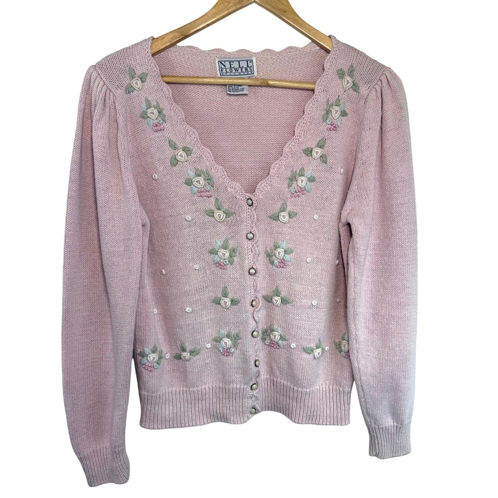 Vintage Nell Flowers Embroidered Cardigan Pink Coquette Cottage Grandmacore L